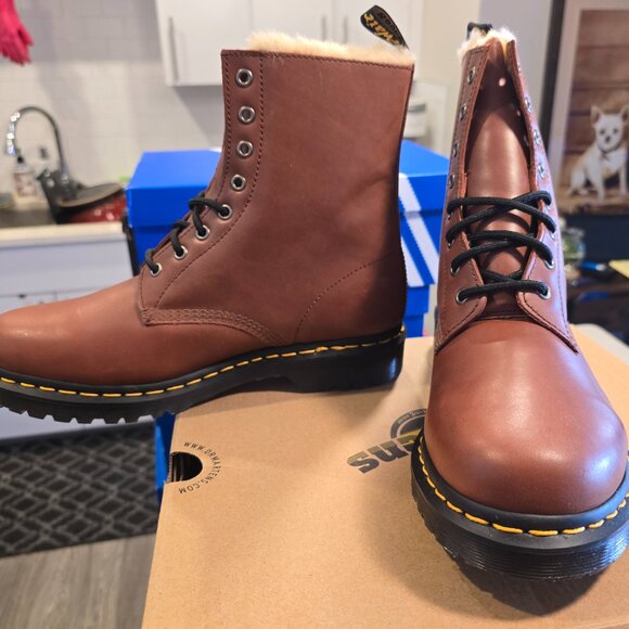 Dr Martens 1460 Serena Fur Lined DMS Saddle Tan Leather Combat Boots Mens SZ 10 - Picture 3 of 9